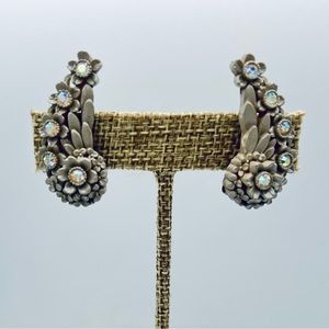 Vintage clip on gray floral ear climber earrings aurora borealis rhinestones